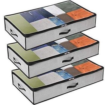 GoMaihe Bolsa de Almacenamiento 3 Pcs, Cajas Almacenaje Ropa 100x50x15cm Debajo de la Cama no Tejido de Gran Capacidad, Organizador de Transpirable con Cremallera Robusta, Edredón, Manta, Gris