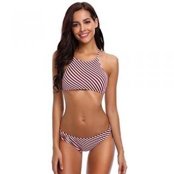 SHEKINI Mujeres Trajes de Baño Cuello Alto Impresión Stripe String Bikini Traje de Baño de Dos Piezas
