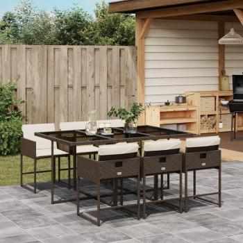 7-Piece Brown Poly Rattan Garden Dining Set with Cushions