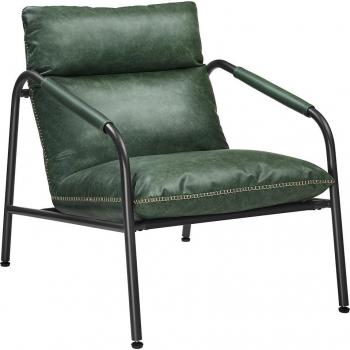 Sillón moderno de medio siglo con brazos, estructura metálica, cuero sintético con costuras, para salón y dormitorio, color marrón caramelo, negro tinta y verde bosque