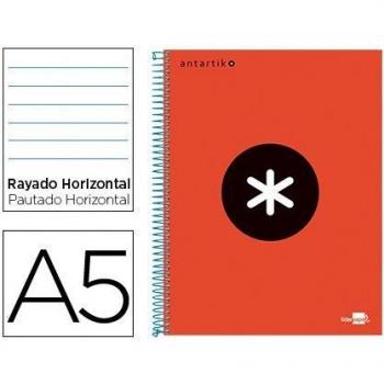 Cuaderno espiral liderpapel A5 micro antartik tapa forrada 120h 100gr horizontal 5 bandas 6 taladros color rojo.
