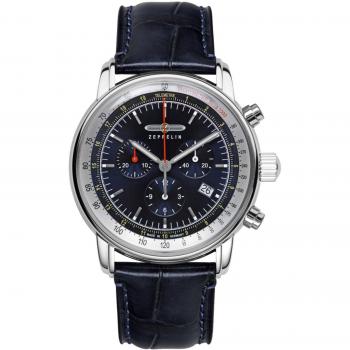 Zeppelin LZ 14 Marine Chronograph Men's Watch with Blue Dial and Leather Strap, Quartz Movement, Model 8888-3