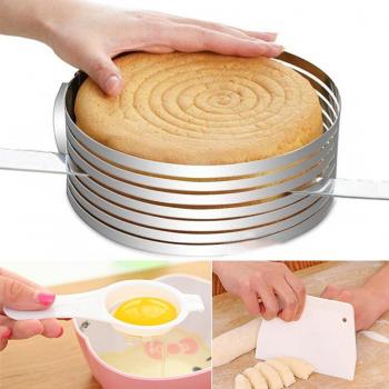 3 IN 1 Layered Slicer Cake Ring Set 6-8 inch Circular Baking Tool Kit Set Mousse Mould Slicing include 1PCS Egg White Separator and 1PCS Cake Edge Smoother Scraper Cutter