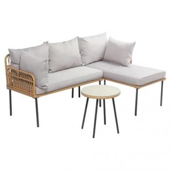 Conjunto de muebles de jardín esquinero de 3 plazas efecto ratán natural Lecce con cojines beige y mesa baja