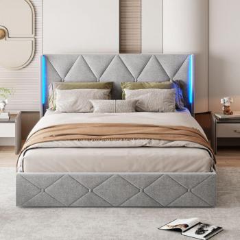 Cama Tapizada 140x200 cm con Cabecero de Diamantes, Banda Lumínica LED, Somier de Lamas y Almacenamiento Integrado en Vellón