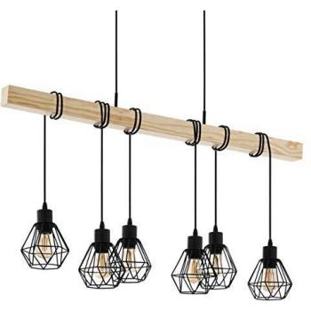 Lámpara Colgante Vintage Industrial Townshend 5 de Acero y Madera, 6 Bombillas E27, Color Negro
