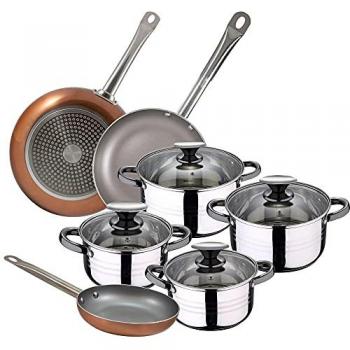 Batería de cocina San Ignacio 8 piezas (4 cacerolas + 4 tapas) + set de 3 sartenes (18/20/26 cms), acero inoxidable, color negro