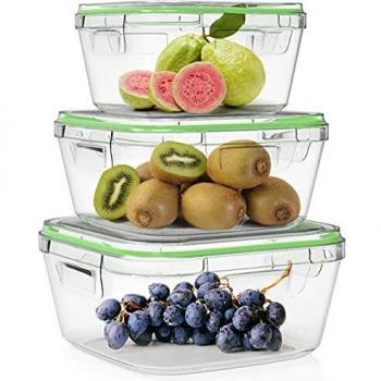 Home Fleek - Set de 3 Envases de Vidrio Cuadrado para Alimentos | Recipientes Herméticos de Cristal Para La Cocina | Apto para Lavavajilla, Horno, Microondas, Congelador | Sin BPA