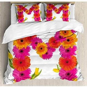 Juego de sábanas de 3 piezas Letter M Juego de fundas nórdicas, flores de gerbera rosadas y naranjas y tulipanes en flor de primavera fresca, juego de fundas de edredón / edredón de 3 piezas con 2 fun