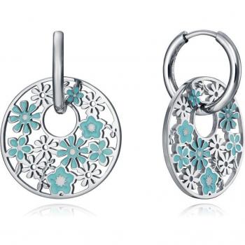 Pendientes Viceroy Kiss Mujer Aro Acero con Disco Colgando Calado de Flores con Esmalte Azul