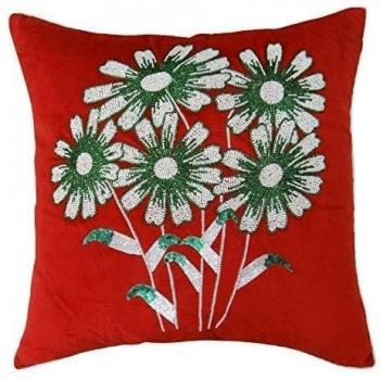 S4Sassy Flores Hechas a Mano con Cuentas Cojín Verde Rojo de la Funda de Almohada Dupion Banda de 12 x 12