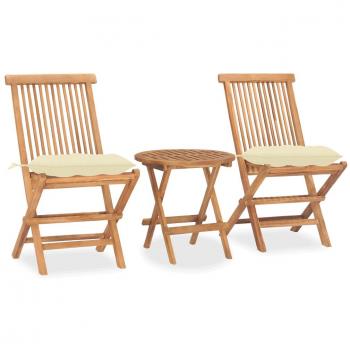3-Piece Folding Outdoor Dining Set with Cushions - Solid Teak Wood