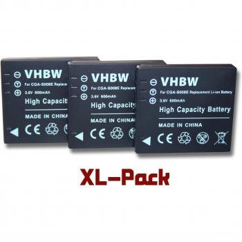 Set x3 baterías 600 mAh para la Videocámara Cámara Panasonic VW-VBJ10, VW-VBJ10E, DMW-BCE10, DMW-BCE10E, CGA-S008, Ricoh DB-70, Leica BP-DC6