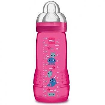 MAM Easy Active Baby Bottle 330 ml, Biberón ergonómico fácil de agarrar, biberón grande de aprendizaje, tetina MAM nº 3 de silicona y tapa antigoteo, 4+ meses, rosa