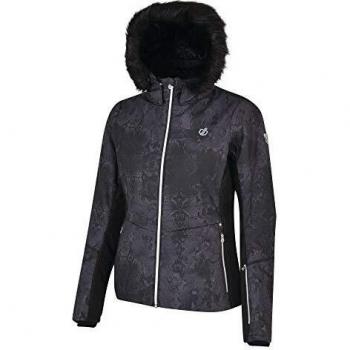 Dare2b Iceglaze Waterproof & Breathable High Loft Insulated Faux Fur Hooded Ski & Snowboard Jacket with Detachable Snowskirt and Headphone Port Jackets Waterproof, Mujer, Black, 16