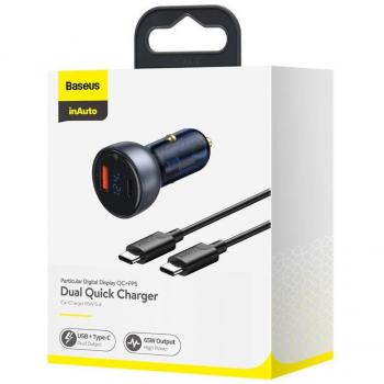 Baseus CCKX-C0A Universal Quick Charge Car Charger with Digital Display PPS QC U+C (60W Dual USB-C Ports and 1m Cable) 45W - Black