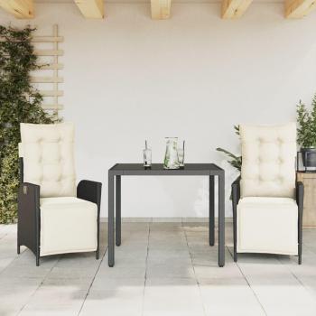 3-Piece Black Poly Rattan Garden Dining Set with Cushions