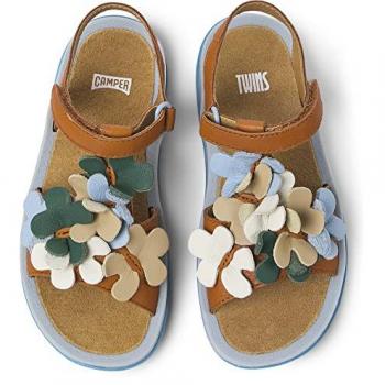 Sandalias de niña Camper K800531-002 TWS en piel marrón con flor decorativa, talla 25 EU