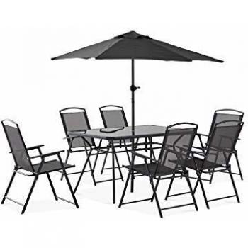 Mesa de jardín para 6 personas con parasol central - Gris - OVIALA