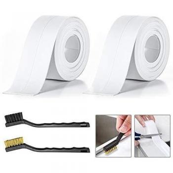 Cocina&Baño Cinta selladora Tiras de Calafateo + 2 Cepillos de Limpieza de Grietas, TAOPE Cintas de Sellado Autoadhesivas Adhesiva Impermeable Antimoho PVC para Esquina de Pared/Piso - Blanco