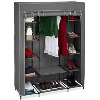 Armario de Tela Antracita con Barra para Perchas y 12 Baldas, 175x135x45cm, Guardarropa Plegable con Cierre de Cremallera