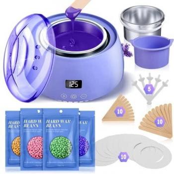 Calentador de Cera 500ml, Kit Depilación Cera Con Bote Antiadherente y 400g Depilatoria Cera, Abundantes Herramientas de Depilación, Maquina Cera Caliente de Brazos, Piernas, Bikinis y Otras Zonas