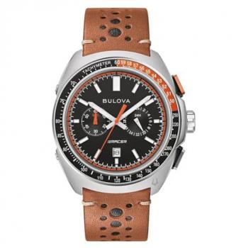 Bulova Racer Chronograph Men's Watch 42mm Quartz Black Dial Leather Strap 100M