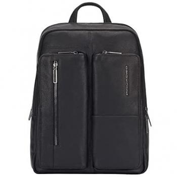 Piquadro Ronnie Black Leather Laptop Backpack for Men, 40cm Compartment