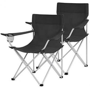 Juego de 2 Sillas de Camping Portátiles con Reposabrazos y Porta Bebidas, Color Negro
