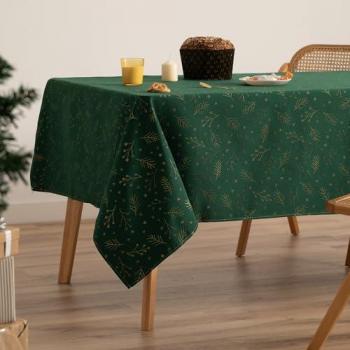 Mantel Rectangular Jacquard Verde con Hilo Dorado para Navidad 140x350 cm