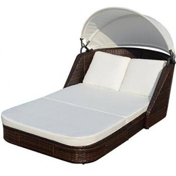 vidaXL Sun Lounger with Canopy Poly Rattan Brown