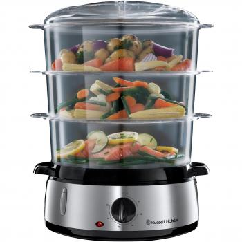 Russell Hobbs Vaporera Cook@Home - 3 Recipientes para Cocinar al Vapor, Capacidad 9 litros, Cuenco para Arroz, Temporizador, 2 Entradas Laterales de Agua, Sin BPA, Acero Inoxidable, 800 W - 19270-56