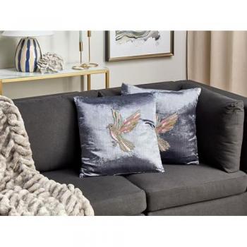Conjunto de 2 cojines decorativos de terciopelo gris bordados a mano con diseño de pájaro, 45 x 45 cm