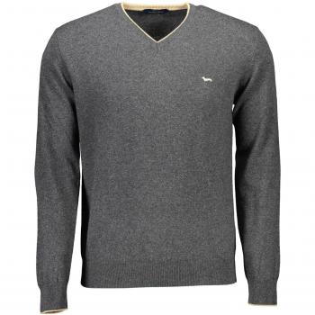 Harmont & Blaine Men's Gray Elegant V-Neck Sweater with Contrast Details, Size L, Wool Knitwear