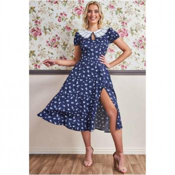 Goddiva Printed Midi Dress with Front Split - Navy