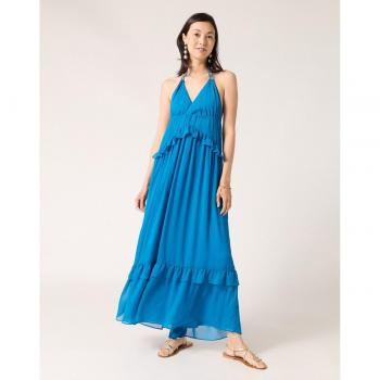 Naf Naf - Vestido largo mujer atado en el cuello, espalda descubierta y doble volante