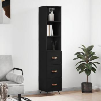Aparador alto de madera contrachapada negro 34,5x34x180 cm con 3 cajones, mueble de almacenaje para salón, buffet y armario auxiliar