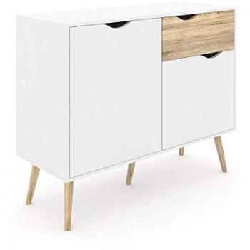 Aparador Blanco y Roble con Dos Puertas y un Cajón, Medidas 98 x 81 x 39 cm, Embalaje Reforzado