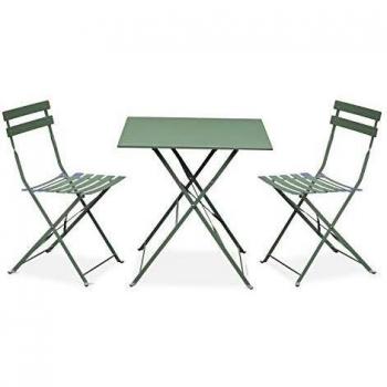 Conjunto de jardín plegable de metal con mesa cuadrada y 2 sillas, verde grisáceo, 70x70x71 cm