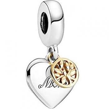 Two-Tone Family Tree & Heart Dangle Charm - Sterling Silver and 14K Gold