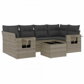 7-Piece Grey Poly Rattan Garden Sofa Set with Cushions