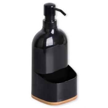 Dispensador de Jabón de Cocina KOOK TIME - Plástico Negro con Base de Bambú, Organizador para Estropajo, Dimensiones 9x22cm