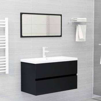 Juego de muebles de baño en madera de ingeniería negro, incluye lavabo y espejo, diseño moderno, resistente al agua y fácil de limpiar