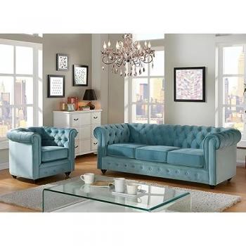 Sofá 3 plazas y sillón Chesterfield de terciopelo azul pastel