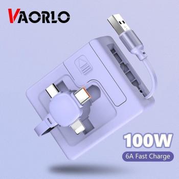 Cable de carga rápida VAORLO 3 en 1 de 100W, cable telescópico 6A tipo C, cargador USB Super Charge para Micro USB-C de 8 pines blanco