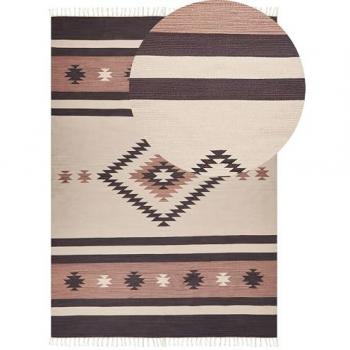 Alfombra Kilim de Algodón Beige y Marrón 200 x 300 cm, Hecha a Mano, Patrón Geométrico Reversible con Borlas