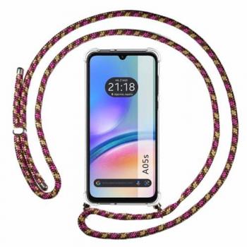 Funda Colgante Transparente para Samsung Galaxy A05s con Cordon Rosa y Dorado