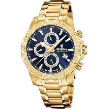 Reloj de Hombre Festina Timeless Chronograph F20705/5 Acero Inoxidable Dorado con Correa Azul Analógica