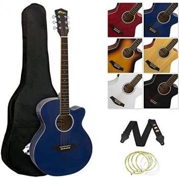 TIGER ACG4-BL Guitarra electroacústica para estudiantes de tamaño completo con ecualizador incorporado, funda, correa, cuerdas de repuesto y púas - Azul