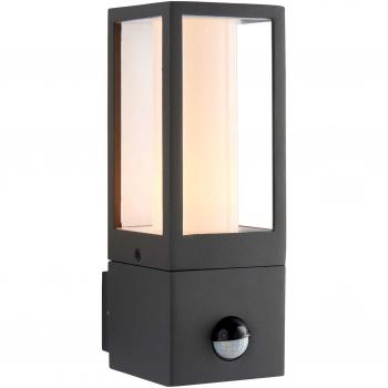Aplique moderno Saxby Lantern Exterior con Sensor de Movimiento, Fabricado en Policarbonato y Aleación de Aluminio, Pintura Gris Texturizada, Plástico Opal, Dimensiones 21 cm, Clasificación IP44